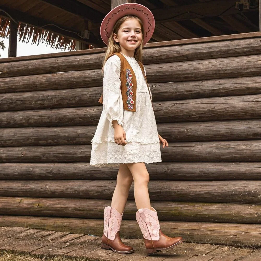⚡Kid Pink/Brown Synthetic Cowboy Western Riding Shoes Square Toe Wide Calf Boot